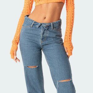 Edikted Fold-over Low Waist Baggy Jeans - Size XS